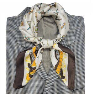 Elegant Silky Square Scarf Beige Feather Floral Print Luxury Versatile Luxurious